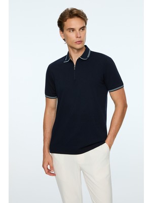 Morven  Erkek Lacivert Trend Jakarlı Polo Yaka Dinamik Fit Tshirt