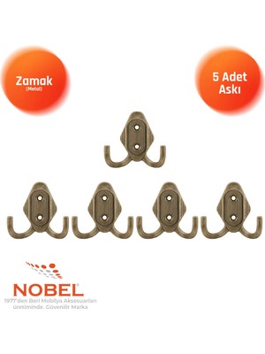 Nobel Has Askı, Metal Vestiyer Askısı, Anti̇k Sari, Duvar ve Dolap Askılığı (5'li Set) Vidalı