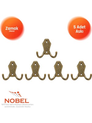 Nobel Ri̇ko Askı, Metal Vestiyer Askısı, Anti̇k Sari, Duvar ve Dolap Askılığı (5'li Set) Vidalı