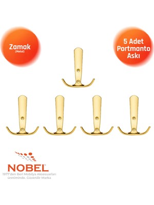 Nobel Focus Portmanto Askısı, Metal Vestiyer Askısı, Altin, Duvar ve Dolap Askılığı (5'li Set) Vidalı