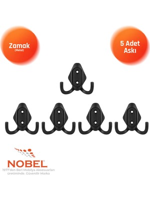 Nobel Has Askı, Metal Vestiyer Askısı, Matsiyah, Duvar ve Dolap Askılığı (5'li Set) Vidalı