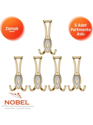 Nobel Zepli̇n Portmanto Askısı, Metal Vestiyer Askısı, Altin Matkrom, Duvar ve Dolap Askılığı (5'li Set) Vidalı