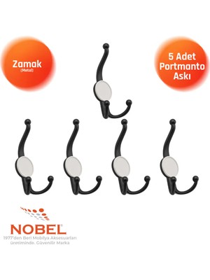 Nobel Mi̇sket Portmanto Askısı, Metal Vestiyer Askısı, Matsiyah , Duvar ve Dolap Askılığı (5'li Set) Vidalı