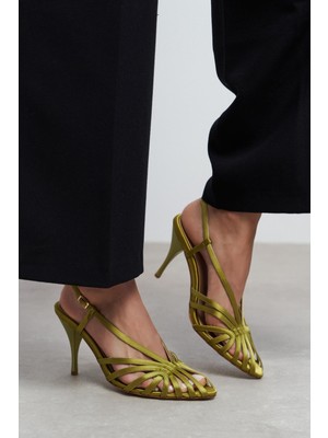 Nişantaşı Shoes Eryu Yeşil Saten Burnu Açık Detay Kafesli Kadın Topuklu Ayakkabı