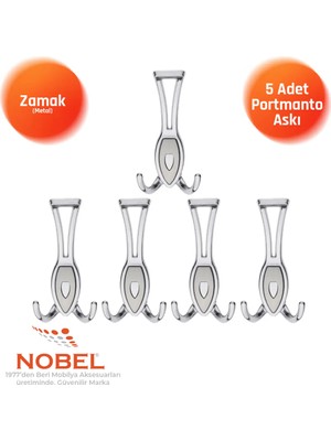 Nobel Zepli̇n Portmanto Askısı, Metal Vestiyer Askısı, Açik Krom Matkrom, Duvar ve Dolap Askılığı (5'li Set) Vidalı