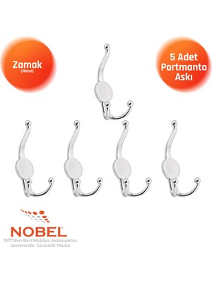 Nobel Mi̇sket Portmanto Askısı, Metal Vestiyer Askısı, Krom , Duvar ve Dolap Askılığı (5'li Set) Vidalı