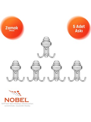 Nobel Sarikli Askı, Metal Vestiyer Askısı, Krom, Duvar ve Dolap Askılığı (5'li Set) Vidalı