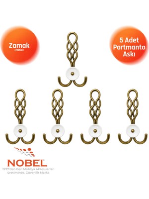 Nobel Örgü Portmanto Askısı, Metal Vestiyer Askısı, Anti̇k Sari, Duvar ve Dolap Askılığı (5'li Set) Vidalı