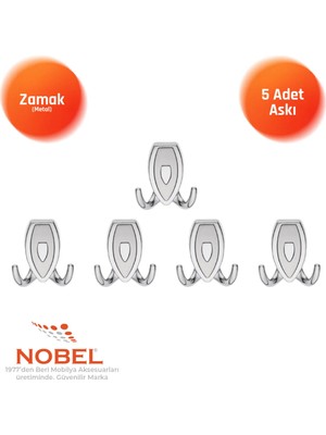 Nobel Zepli̇n Askı, Metal Vestiyer Askısı, Krom Matkrom, Duvar ve Dolap Askılığı (5'li Set) Vidalı