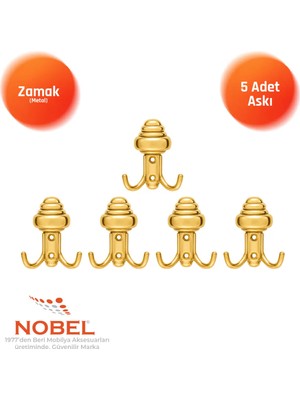 Nobel Sarikli Askı, Metal Vestiyer Askısı, Altin, Duvar ve Dolap Askılığı (5'li Set) Vidalı