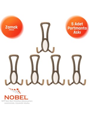 Nobel Seçi̇l Portmanto Askısı, Metal Vestiyer Askısı, Anti̇k Sari , Duvar ve Dolap Askılığı (5'li Set) Vidalı