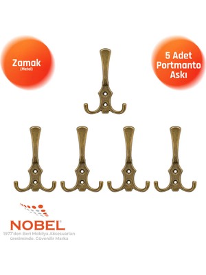 Nobel Ri̇ko Portmanto Askısı, Metal Vestiyer Askısı, Anti̇k Sari, Duvar ve Dolap Askılığı (5'li Set) Vidalı