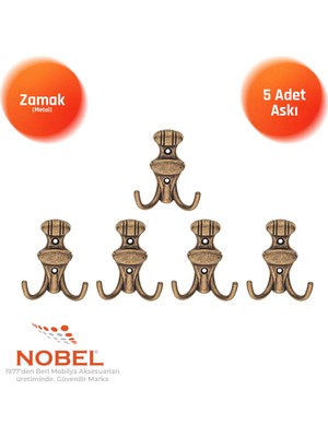 Nobel Çi̇zgi̇li̇ Askı, Metal Vestiyer Askısı, Anti̇k Sari, Duvar ve Dolap Askılığı (5'li Set) Vidalı