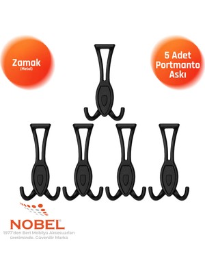 Nobel Zepli̇n Portmanto Askısı, Metal Vestiyer Askısı, Matsiyah, Duvar ve Dolap Askılığı (5'li Set) Vidalı