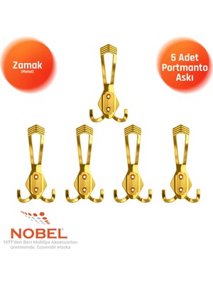 Nobel Has Portmanto Askısı, Metal Vestiyer Askısı, Altin, Duvar ve Dolap Askılığı (5'li Set) Vidalı