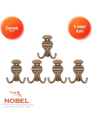 Nobel Kemerli̇ Askı, Metal Vestiyer Askısı, Anti̇k Sari, Duvar ve Dolap Askılığı (5'li Set) Vidalı