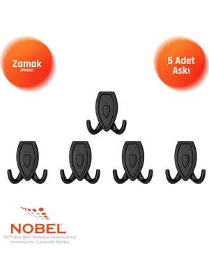 Nobel Zepli̇n Askı, Metal Vestiyer Askısı, Matsiyah Si̇yah, Duvar ve Dolap Askılığı (5'li Set) Vidalı