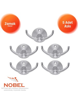 Nobel Fonksi̇yonel Askı, Metal Vestiyer Askısı, Krom, Duvar ve Dolap Askılığı (5'li Set) Vidalı