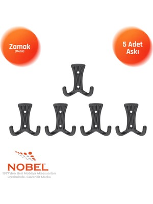 Nobel Emet Askı, Metal Vestiyer Askısı, Matsiyah, Duvar ve Dolap Askılığı (5'li Set) Vidalı
