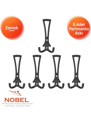 Nobel Enez Portmanto Askısı, Metal Vestiyer Askısı, Matsiyah, Duvar ve Dolap Askılığı (5'li Set) Vidalı