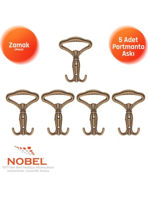 Nobel Klasi̇k Portmanto Askısı, Metal Vestiyer Askısı, Anti̇k Sari, Duvar ve Dolap Askılığı (5'li Set) Vidalı