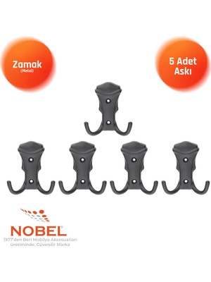 Nobel Kobra Askı, Metal Vestiyer Askısı, Matsiyah, Duvar ve Dolap Askılığı (5'li Set) Vidalı
