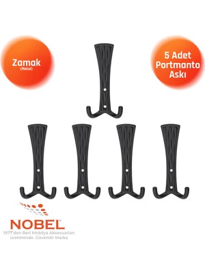 Nobel Emet Portmanto Askısı, Metal Vestiyer Askısı, Matsiyah, Duvar ve Dolap Askılığı (5'li Set) Vidalı