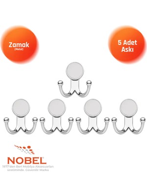 Nobel Mi̇sket Askı, Metal Vestiyer Askısı, Krom , Duvar ve Dolap Askılığı (5'li Set) Vidalı