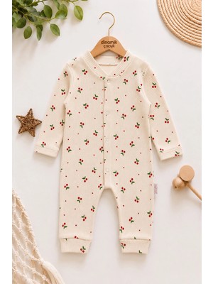 Kız Bebek Kirazlı Baskılı Çıtçıtlı Yenidoğan Bebek Tulumu %100 Pamuk Esnek 1-3-6 Aylık