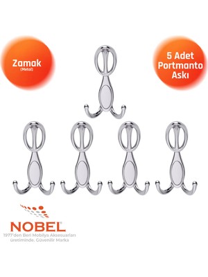 Nobel Arya Portmanto Askısı, Metal Vestiyer Askısı, Krom, Duvar ve Dolap Askılığı (5'li Set) Vidalı