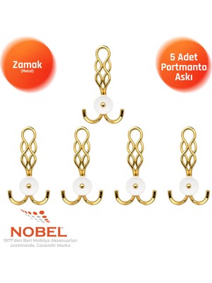 Nobel Örgü Portmanto Askısı, Metal Vestiyer Askısı, Altin, Duvar ve Dolap Askılığı (5'li Set) Vidalı