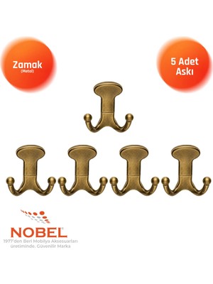 Nobel Melon Askı, Metal Vestiyer Askısı, Anti̇k Sari, Duvar ve Dolap Askılığı (5'li Set) Vidalı