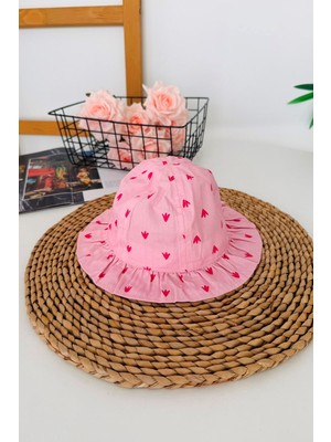 Miniğimin Cicileri 1-4 Yaş Kalp Desenli Volanlı Kız Çocuk Güneş Şapkası - Pembe