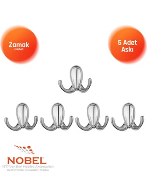 Nobel Ari̇s Askı, Metal Vestiyer Askısı, Krom Matkrom, Duvar ve Dolap Askılığı (5'li Set) Vidalı