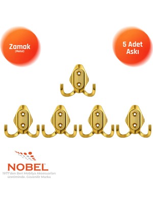 Nobel Has Askı, Metal Vestiyer Askısı, Altin, Duvar ve Dolap Askılığı (5'li Set) Vidalı