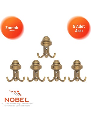 Nobel Sarikli Askı, Metal Vestiyer Askısı, Anti̇k Sari, Duvar ve Dolap Askılığı (5'li Set) Vidalı
