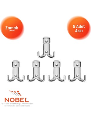 Nobel Kare Askı, Metal Vestiyer Askısı, Krom, Duvar ve Dolap Askılığı (5'li Set) Vidalı