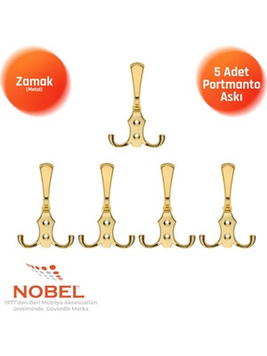 Nobel Ri̇ko Portmanto Askısı, Metal Vestiyer Askısı, Altin, Duvar ve Dolap Askılığı (5'li Set) Vidalı