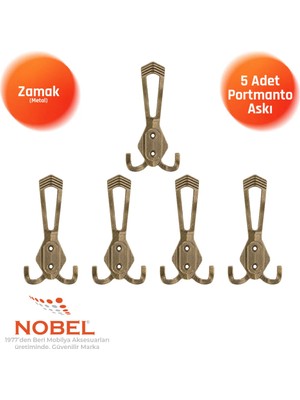 Nobel Has Portmanto Askısı, Metal Vestiyer Askısı, Anti̇k Sari, Duvar ve Dolap Askılığı (5'li Set) Vidalı