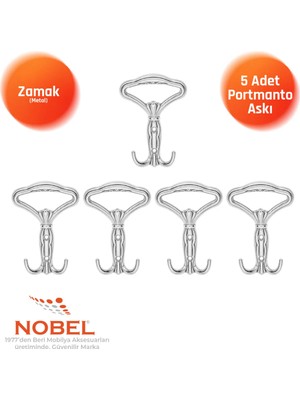 Nobel Klasi̇k Portmanto Askısı, Metal Vestiyer Askısı, Krom, Duvar ve Dolap Askılığı (5'li Set) Vidalı
