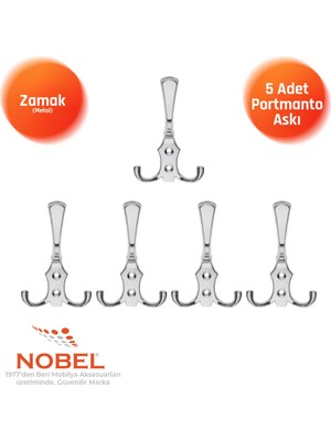 Nobel Ri̇ko Portmanto Askısı, Metal Vestiyer Askısı, Krom, Duvar ve Dolap Askılığı (5'li Set) Vidalı