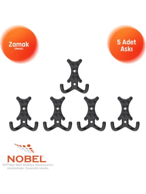 Nobel Enez Askı, Metal Vestiyer Askısı, Matsiyah, Duvar ve Dolap Askılığı (5'li Set) Vidalı