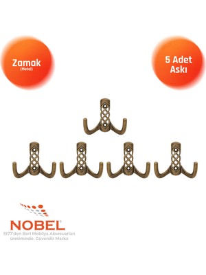 Nobel Karatay Askı, Metal Vestiyer Askısı, Anti̇k Sari, Duvar ve Dolap Askılığı (5'li Set) Vidalı