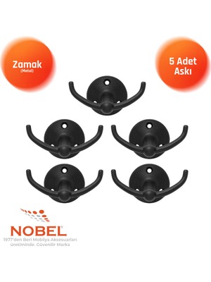 Nobel Fonksi̇yonel Askı, Metal Vestiyer Askısı, Matsiyah, Duvar ve Dolap Askılığı (5'li Set) Vidalı