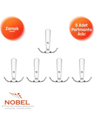 Nobel Focus Portmanto Askısı, Metal Vestiyer Askısı, Krom, Duvar ve Dolap Askılığı (5'li Set) Vidalı