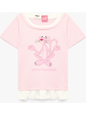 Koton Pembe Panter Baskılı Kısa Kollu Bisiklet Yaka Pamuklu Lisanslı Tişört