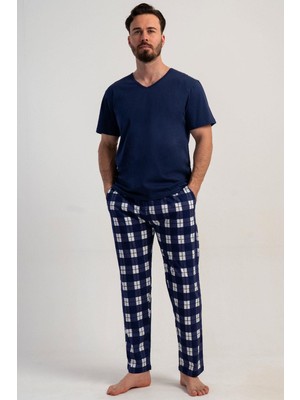 Vienetta Erkek Büyük Beden Kısa Kollu Ekose Alt Lacivert Pijama Takımı C1T1N1215