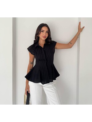 Budan Export Kadın Çizgili Bel Oturtmalı Volanlı Peplum Düğmeli Kısa Kol Yazlık Gömlek Bluz