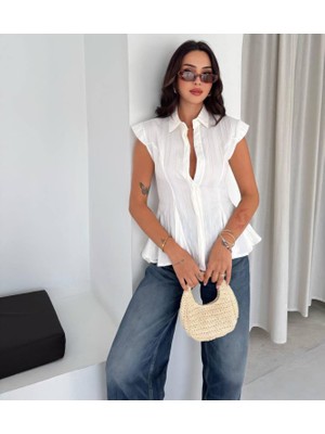 Budan Export Kadın Çizgili Bel Oturtmalı Volanlı Peplum Düğmeli Kısa Kol Yazlık Gömlek Bluz