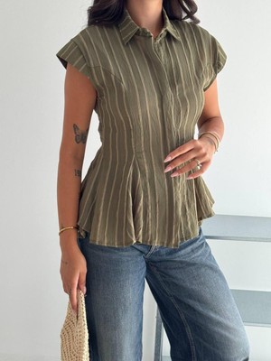 Budan Export Kadın Çizgili Bel Oturtmalı Volanlı Peplum Düğmeli Kısa Kol Yazlık Gömlek Bluz